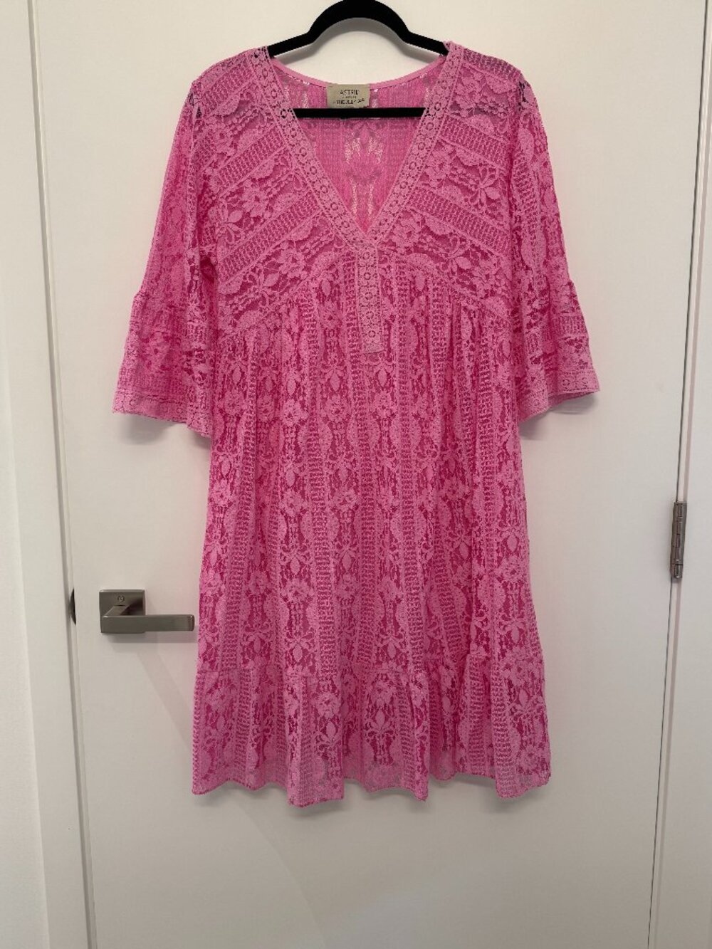 Astrid Pink Lace Mini Dress Boho Crochet Babydoll 3/4 Sleeve